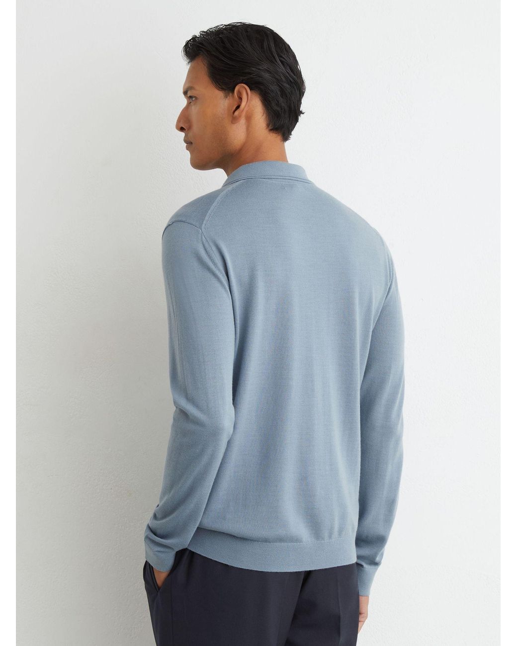 Reiss Blue Merino Wool Long-Sleeve Polo Shirt for men