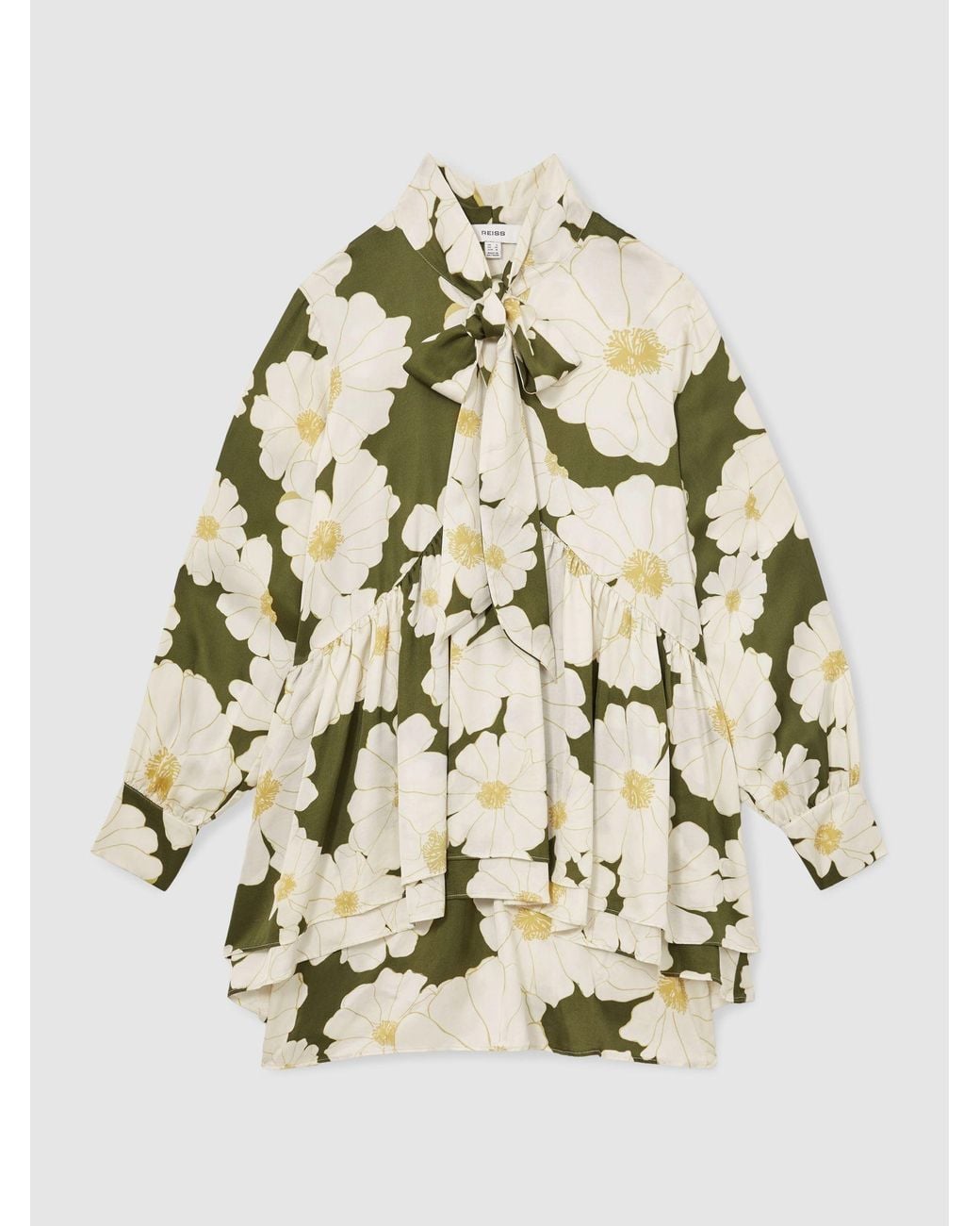 Reiss Natural Floral Tie-Neck Swing Dress