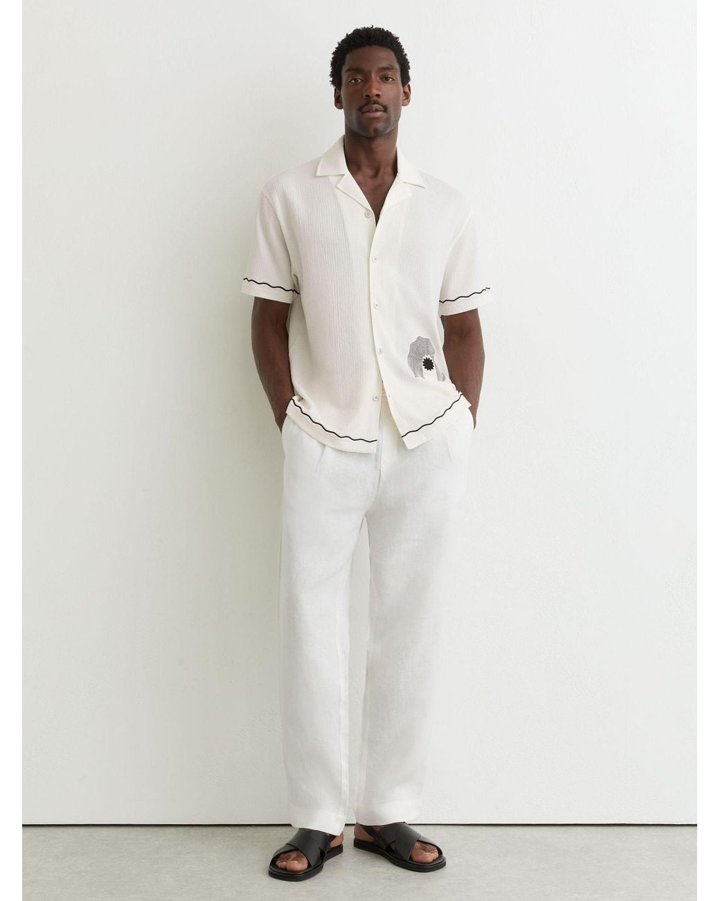 Reiss Natural Solano - White Textured Motif-print Cuban-collar Shirt, M for men