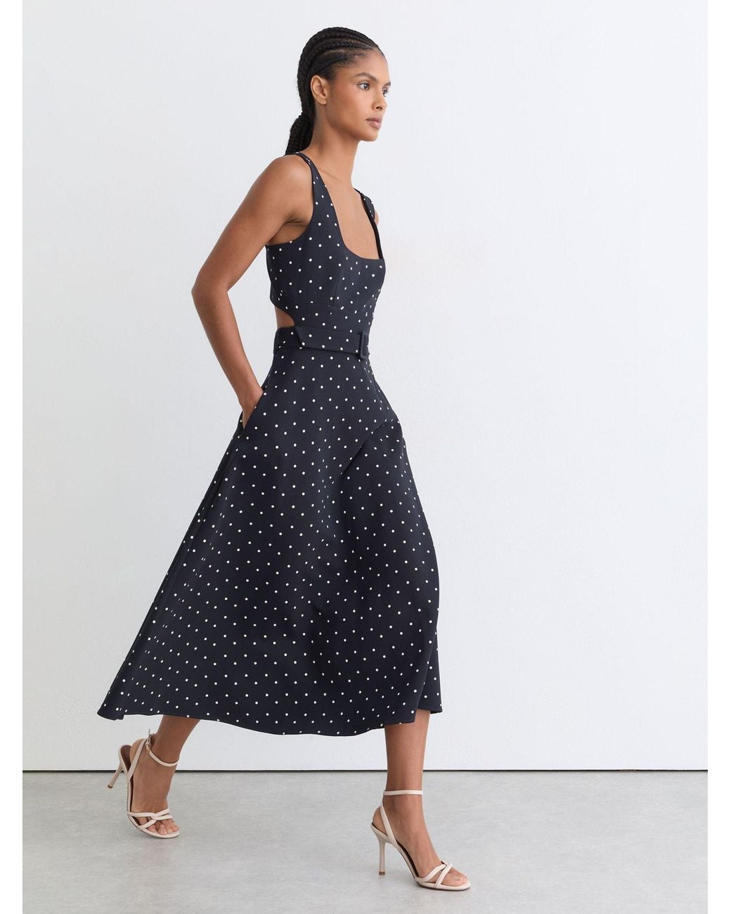 Reiss Blue Polka Dot-Print Belted Midi Dress