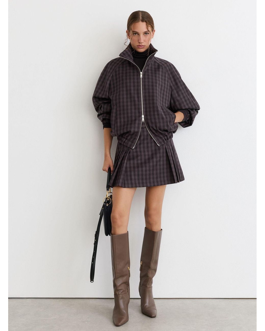 Reiss Gray Grape Check Carla Petite Wool Gingham-Check Bomber Jacket
