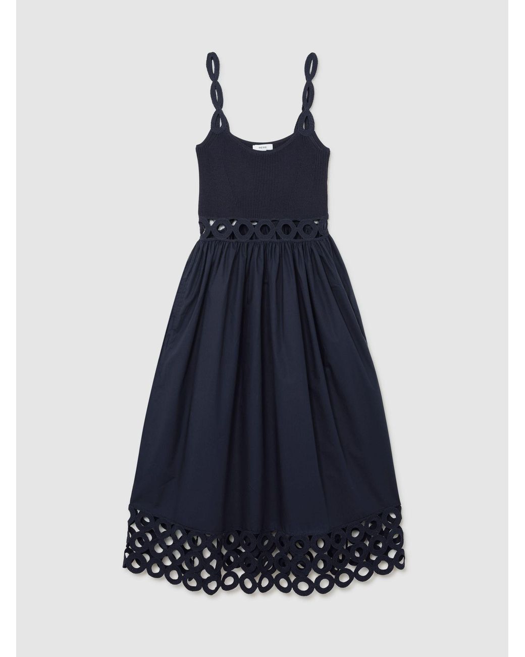 Reiss Blue Rib-Knit Woven Mix Cut-Out Midi Dress