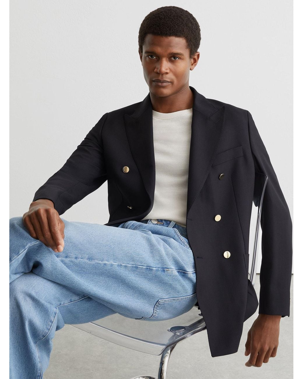 Reiss Blue Db - Navy Captain Db Hopsack Double-breasted Blazer Classic-fit With Wool, Us 42 for men