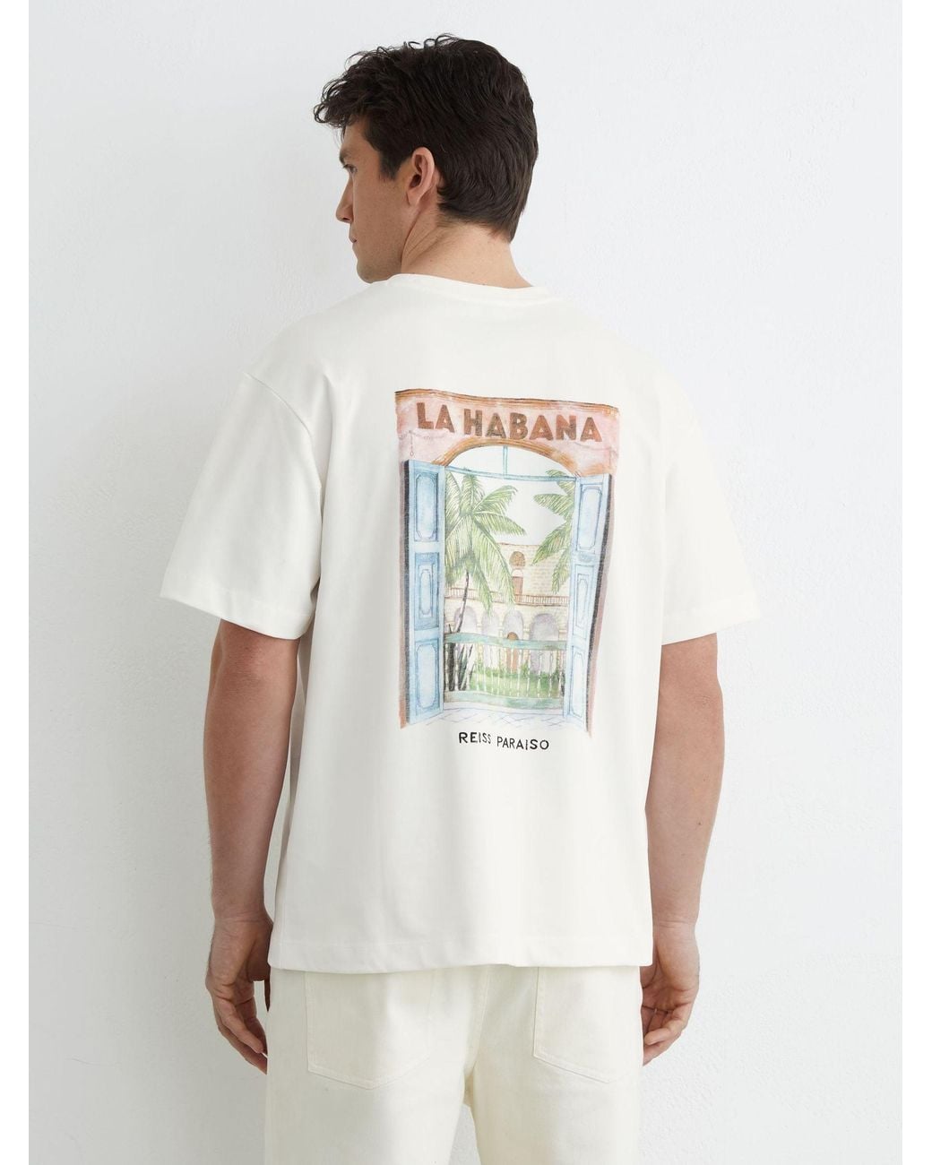 Reiss White Cotton Palm-Print Relaxed-Fit T-Shirt for men