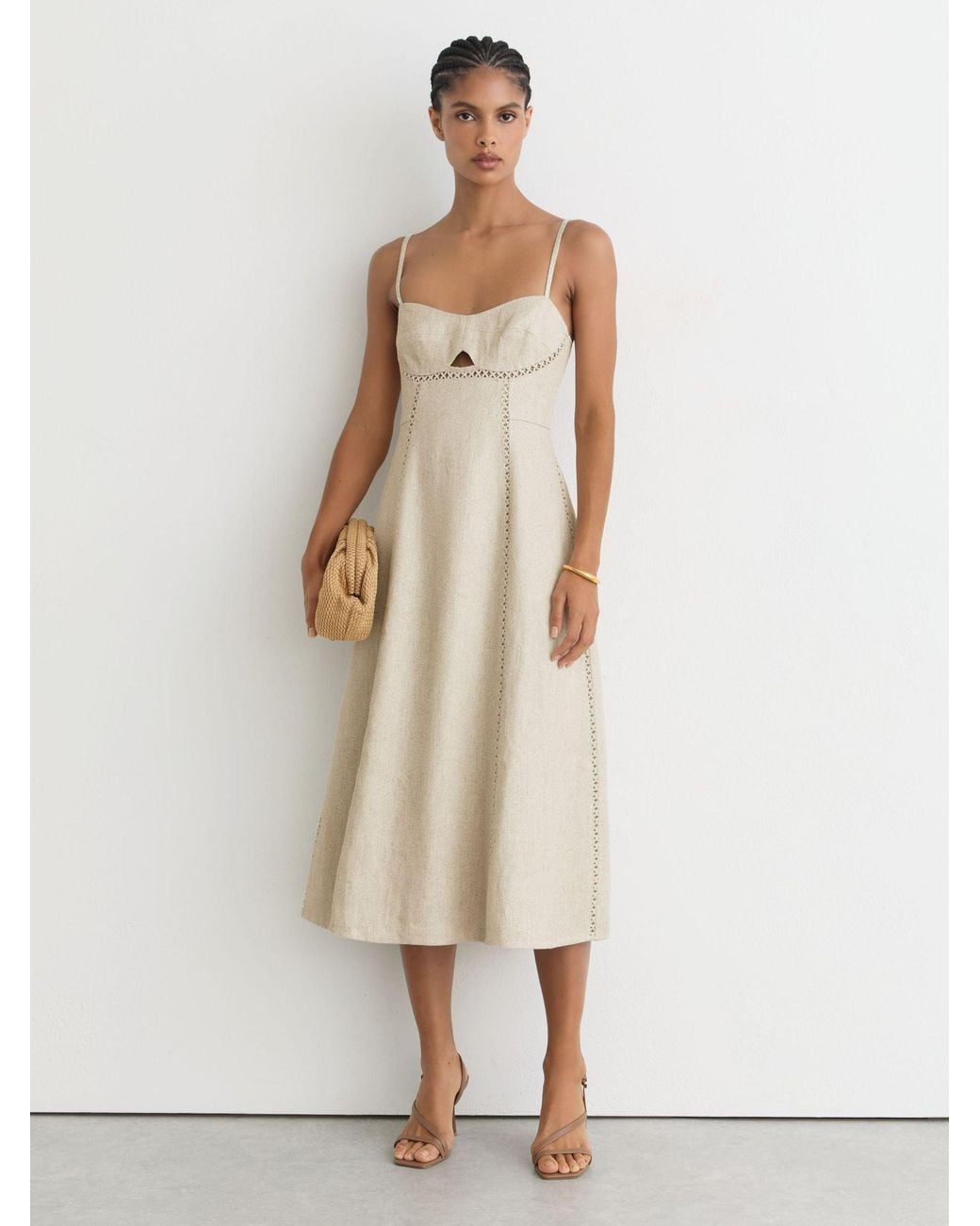 Reiss Natural Linen-Blend Fit-And-Flare Midi Dress