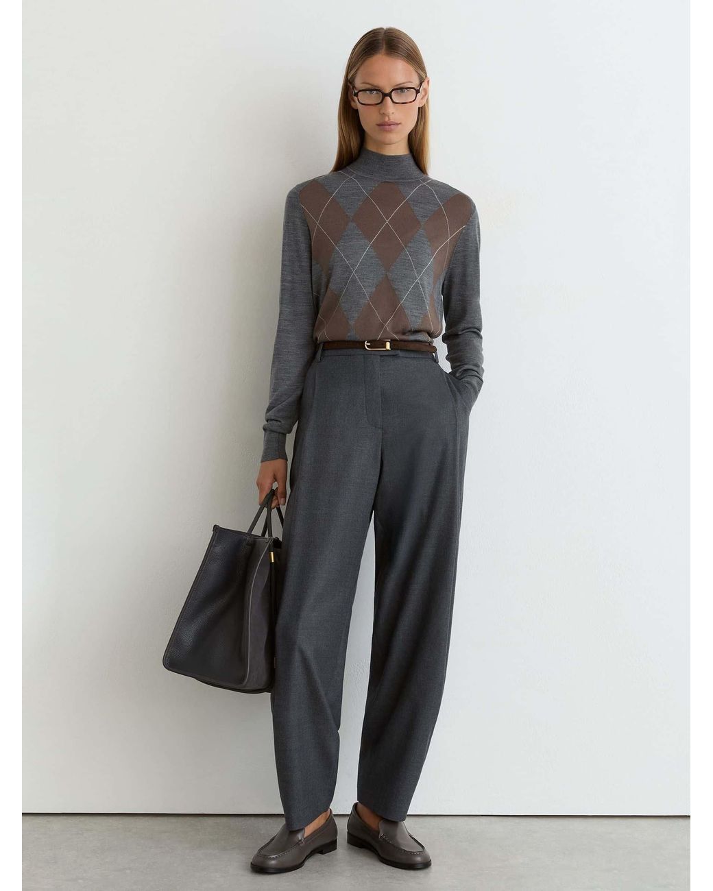 Reiss Gray Ultra-Soft Merino Wool Argyle Funnel-Neck Jumper