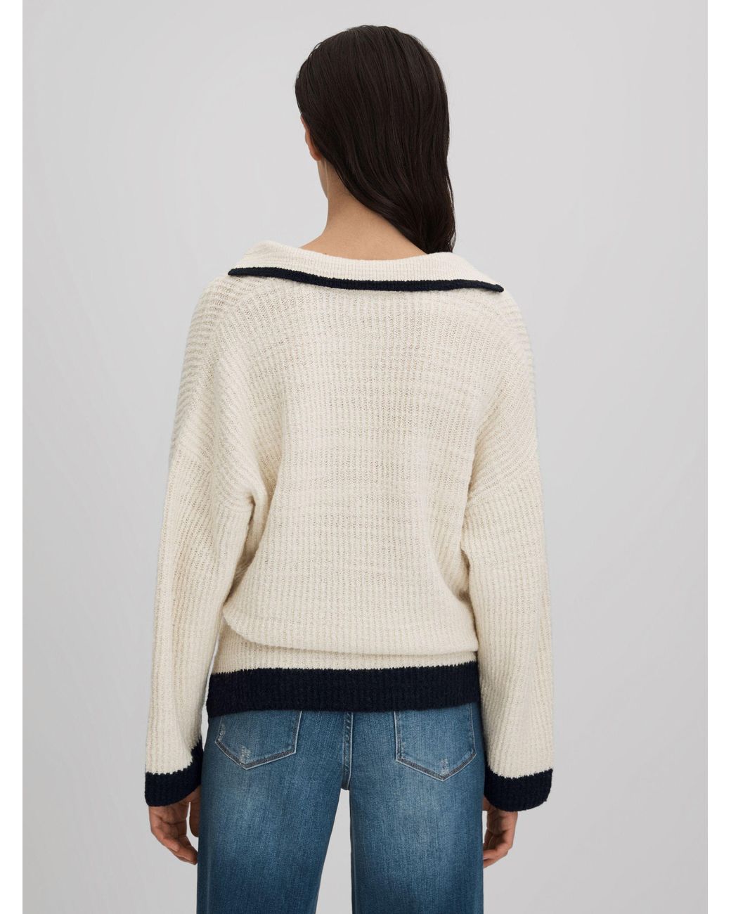 Reiss Blue Michaela Open Collar Jumper Textured, Cream
