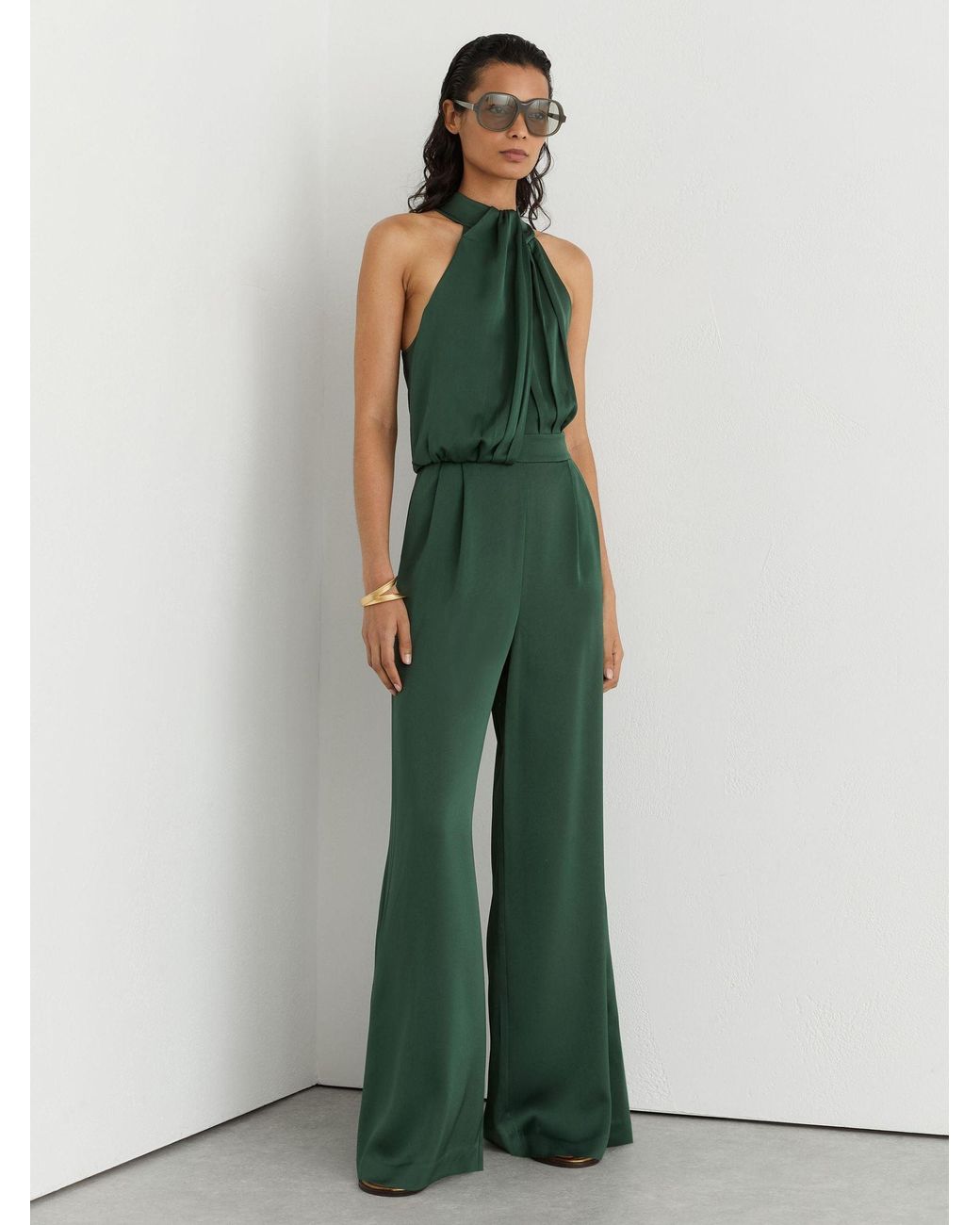Reiss Green Petite Satin Draped Wide-Leg Jumpsuit