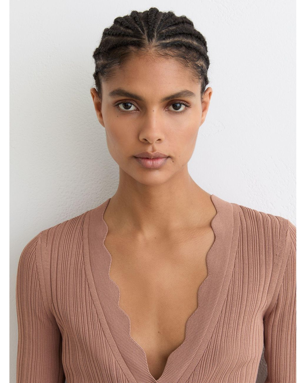 Reiss Natural Rib-Knit Scallop-Trim Cardigan