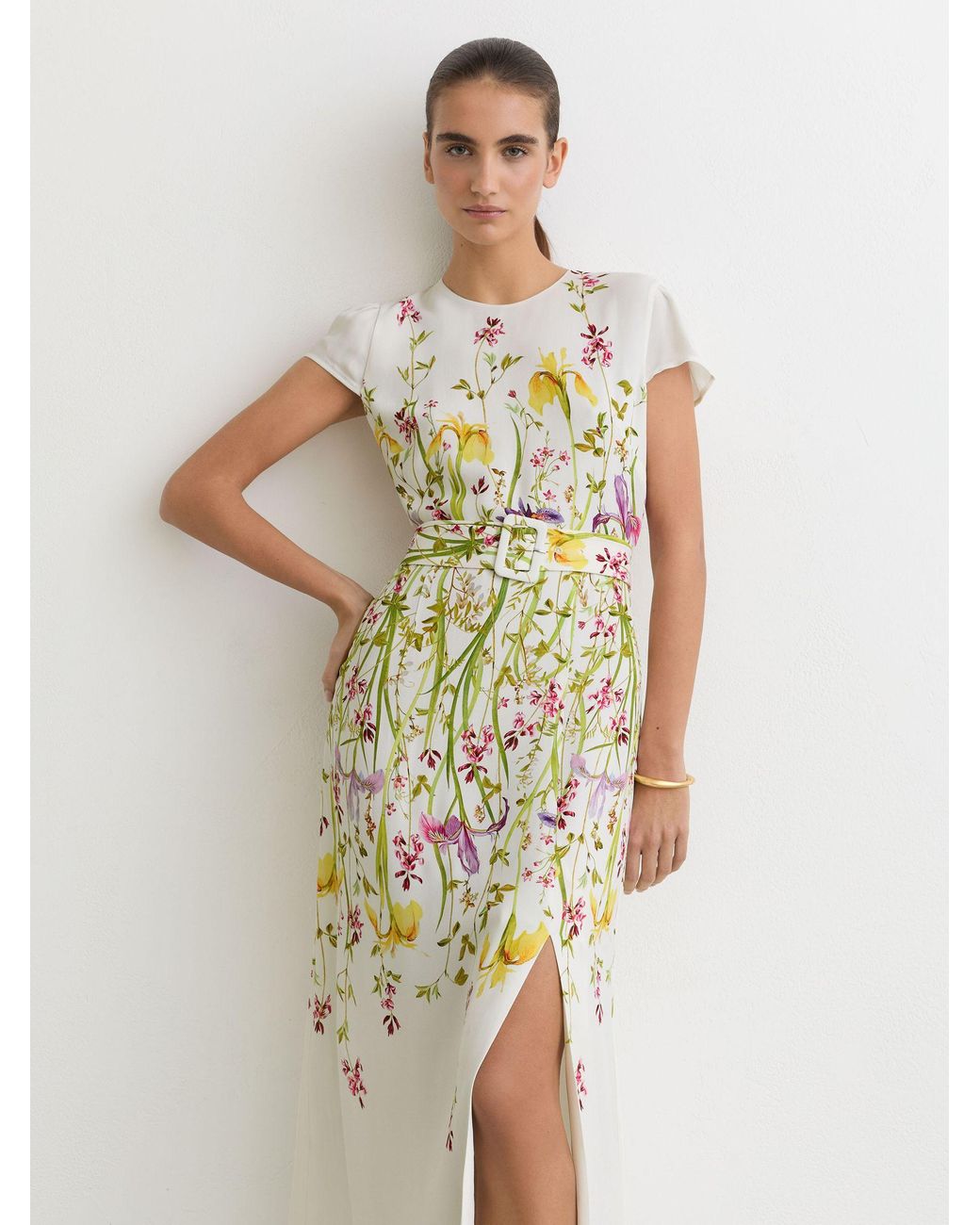 Reiss Natural Cream & Floral-Print Belted Midi Dress