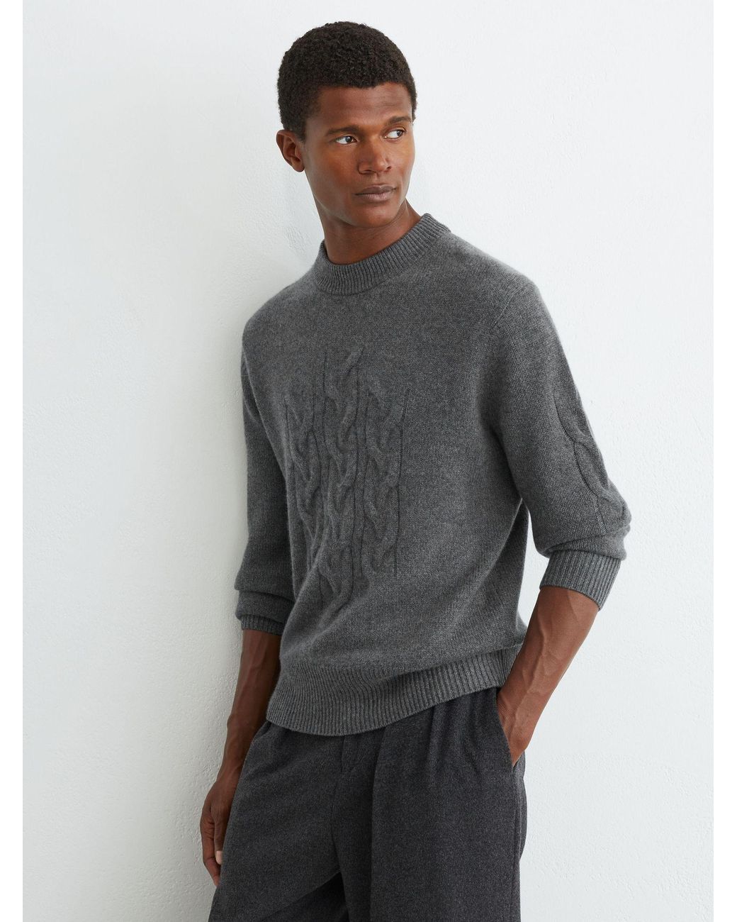 Reiss Gray Rosedale - Mid Grey Melange 100% Cashmere Cable Knit-detail Jumper, Xs for men