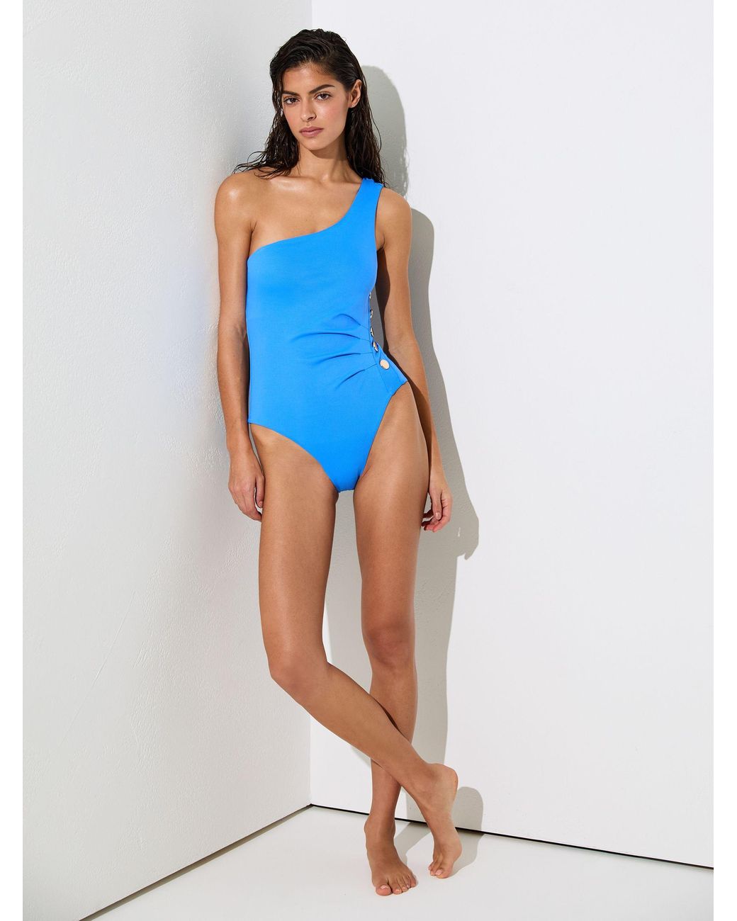 Reiss Palma - Blue One-shoulder Button-detail Swimsuit, Us 0