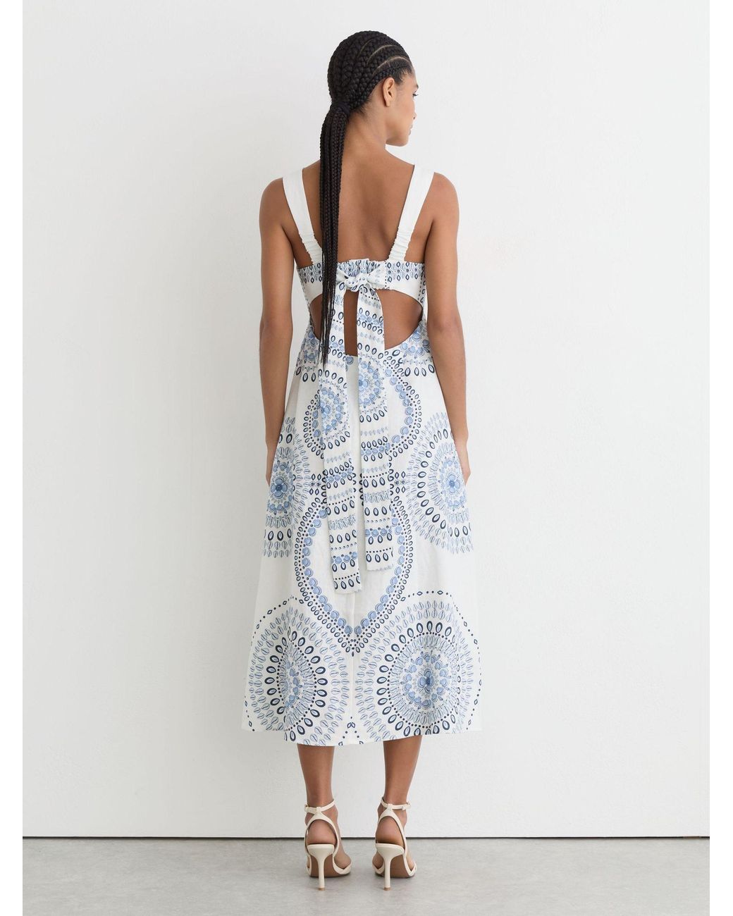 Reiss White Addison - Ivory/blue Linen Shell-print Tie-back Midi Dress, Us 14