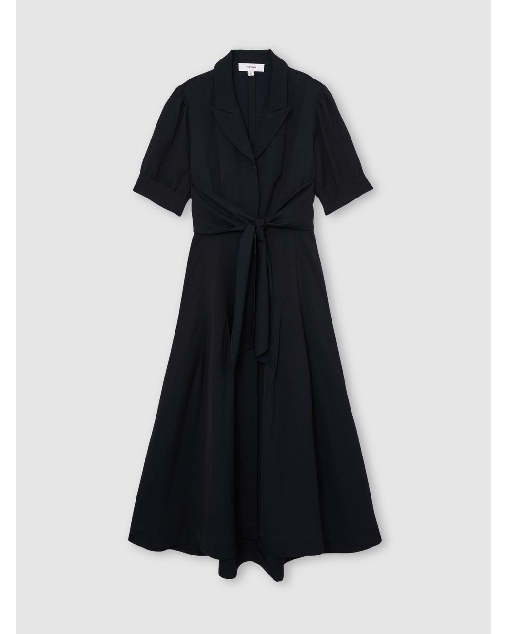 Reiss Black Short-Sleeve Belted Midi Dress With Linen