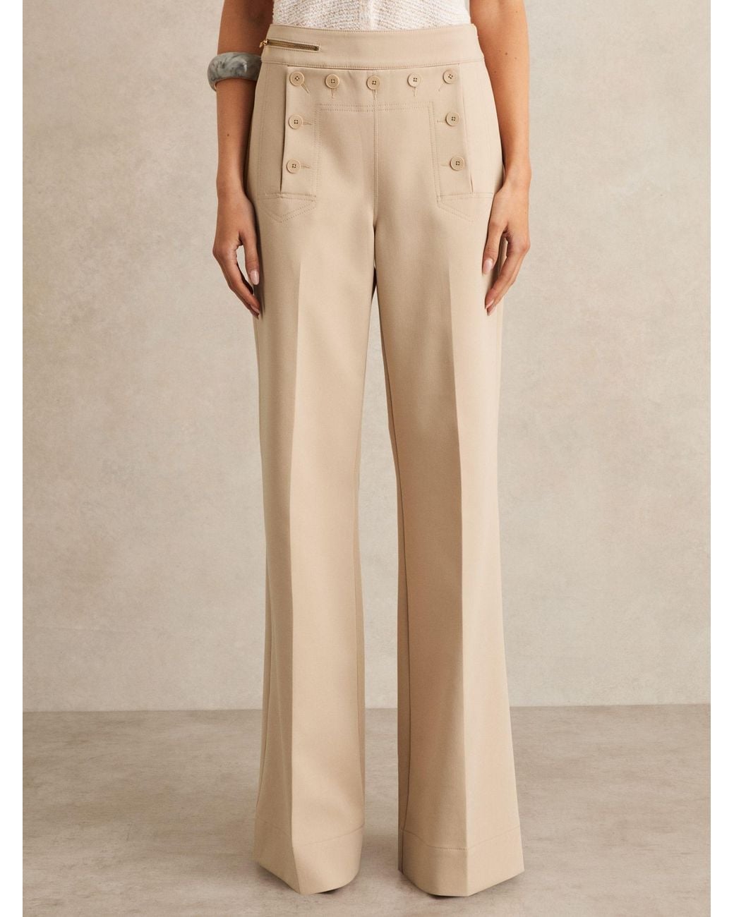 Reiss Natural Neutral Sidney Petite Button-Detail Wide-Leg Trousers