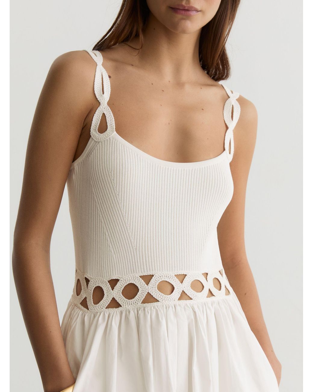 Reiss White Rita Rib-Knit Woven Mix Cut-Out Midi Dress