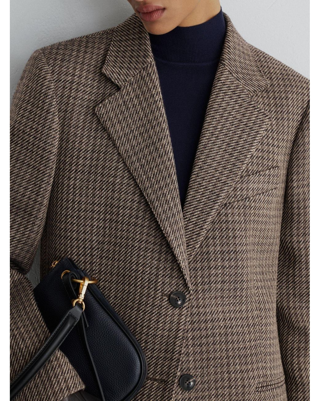 ATELIER Black Wool Cotton Check Single Breasted Relaxed Fit Blazer
