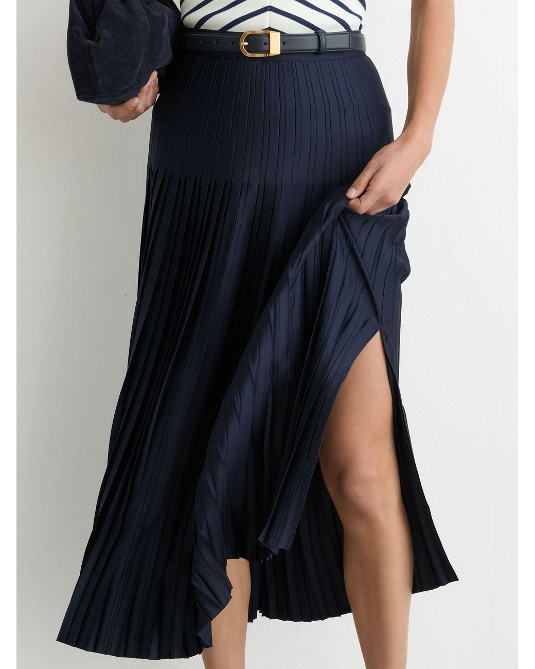 Reiss Blue Satin Pleated Midi Skirt