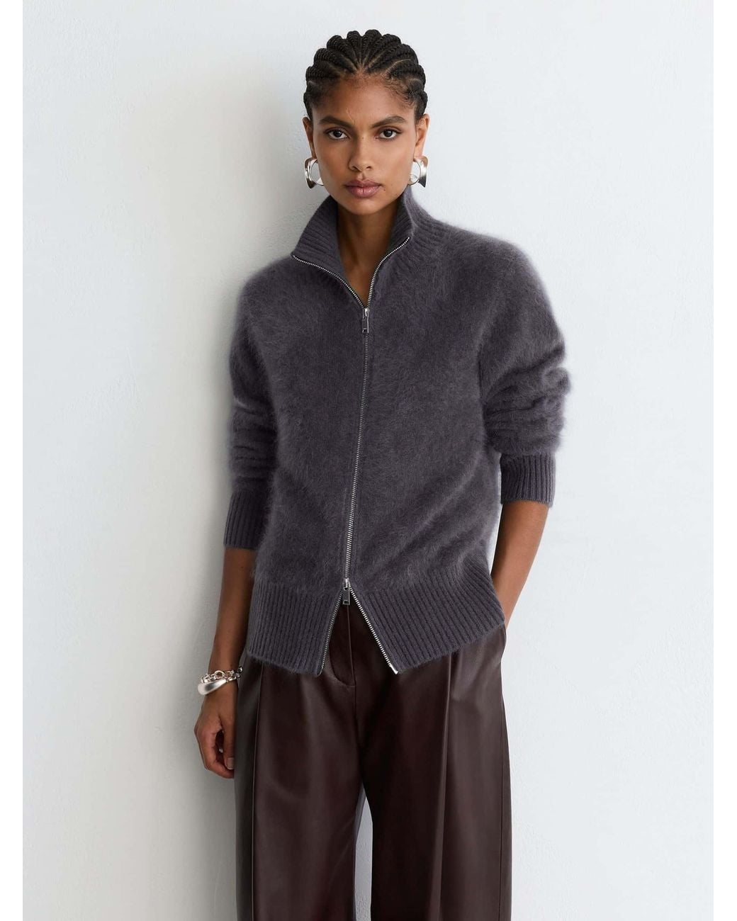 Reiss Blue Brushed Cashmere Zip-Through Cardigan