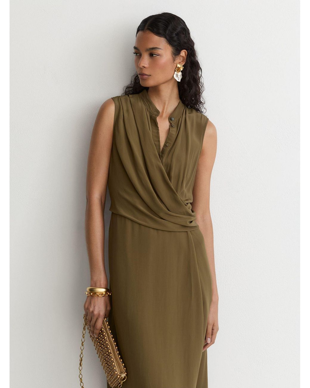 Reiss Natural Drape-Detail Band-Collar Midi Dress