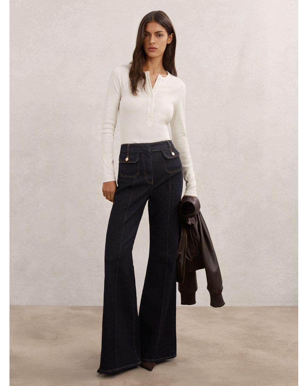 Reiss White Stretch-Cotton Half-Button Top