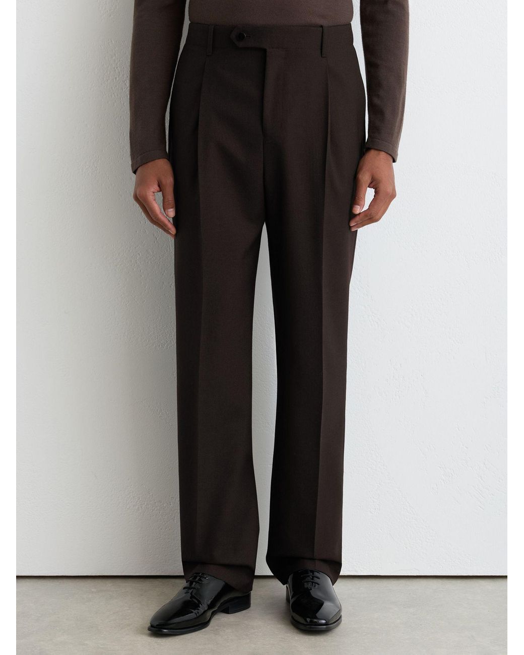 Reiss Black Tommy - Brown Relaxed Fit Wool Pleated Suit Trousers, 34 for men