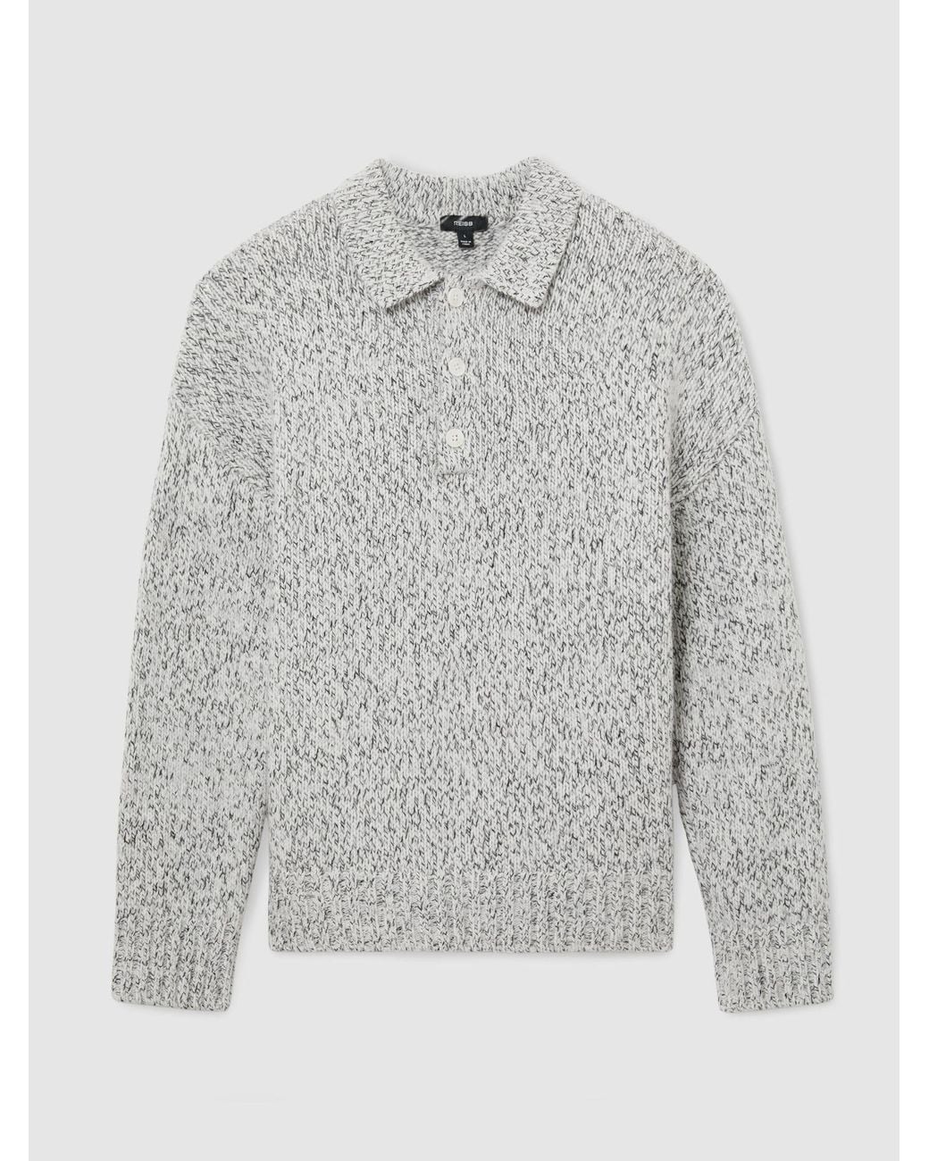 Reiss Gray Wool-Blend Speckled-Knit Half-Button Jumper for men