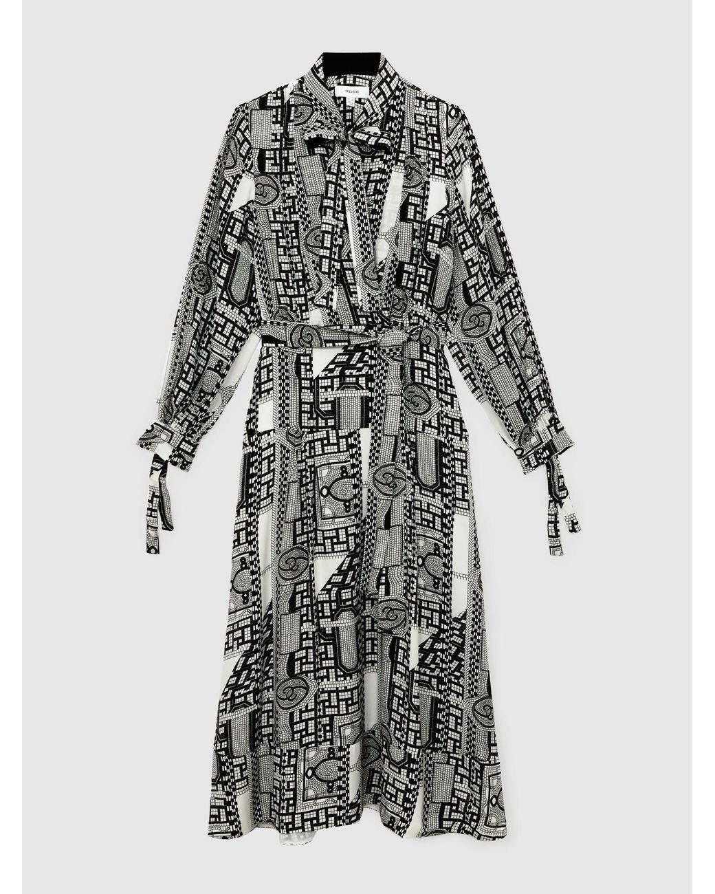 Reiss Gray Geometric-Print Tie-Neck Dress