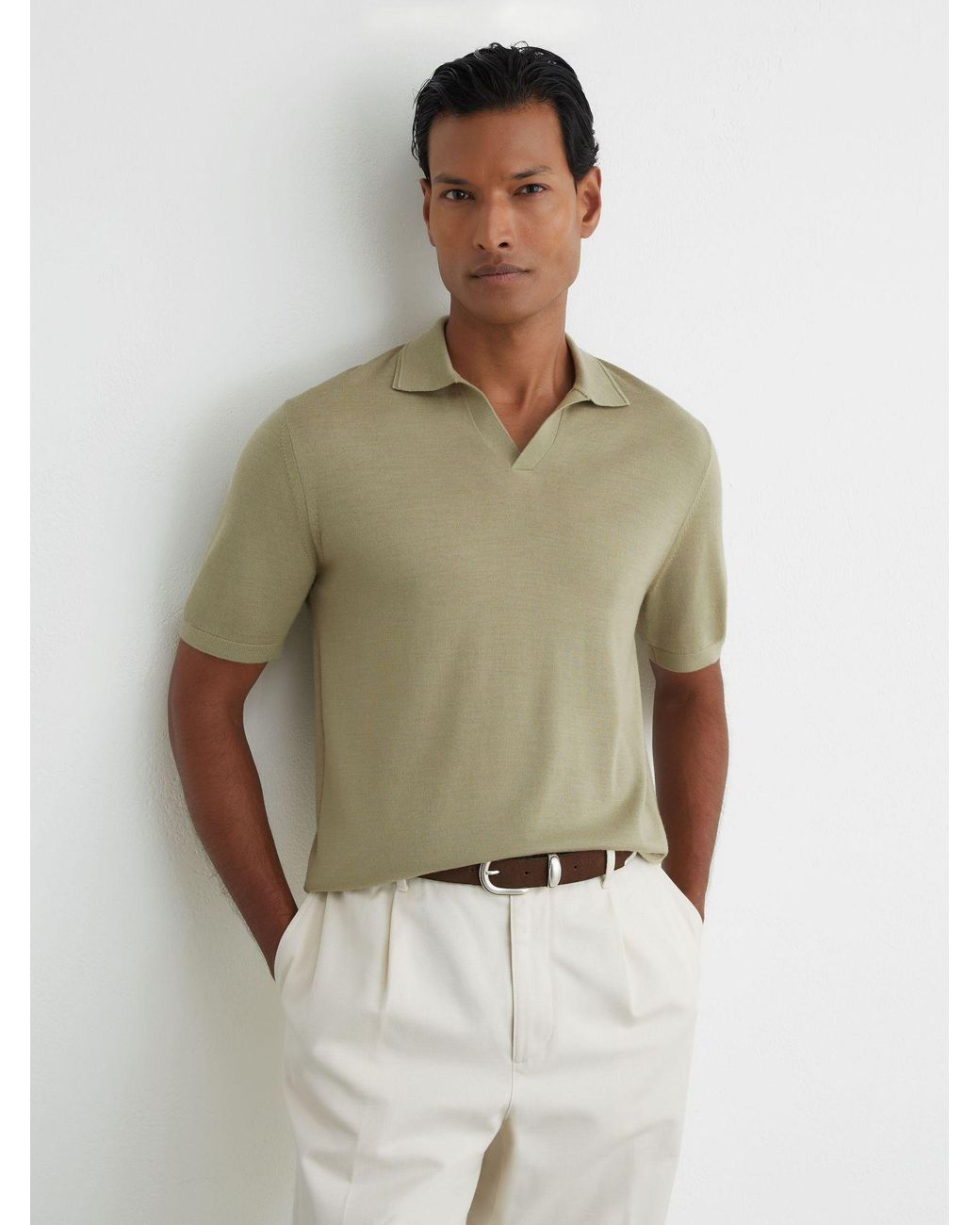 Reiss Green Merino Wool Open-Collar Polo Shirt for men
