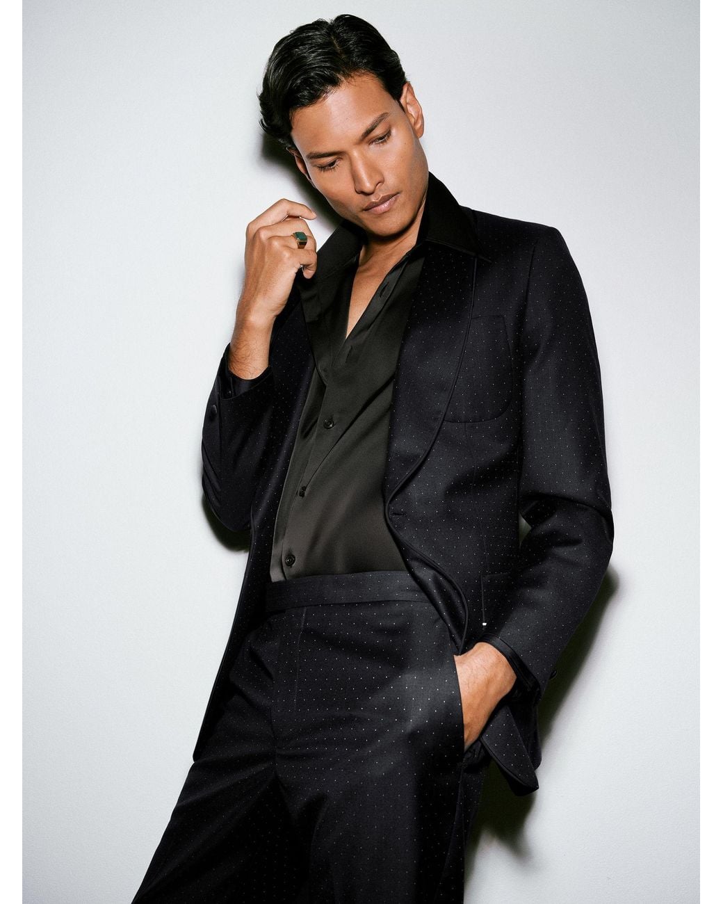 Reiss Black Single-Breasted Polka-Dot Suit Blazer Classic-Fit Wool-Blend for men