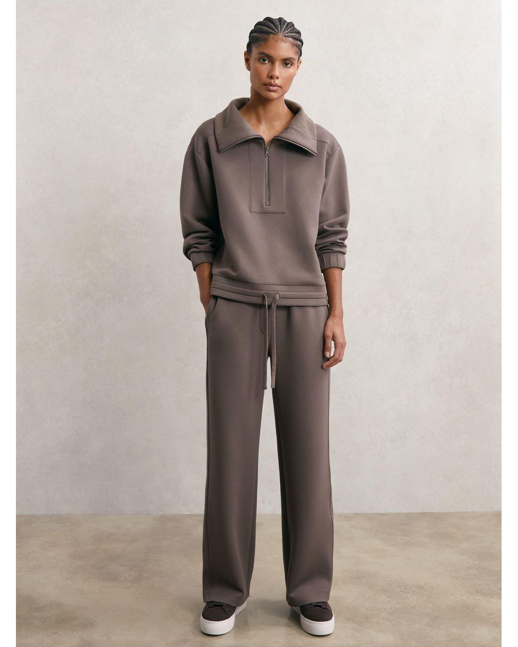 Reiss Laney - Taupe Brown Premium Interlock Half-zip Sweatshirt, Xs (us 2)