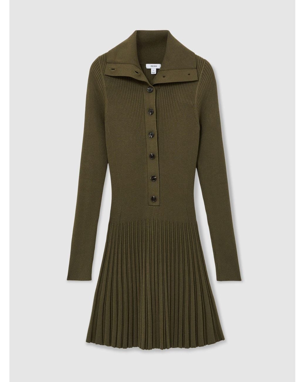 Reiss Green Rib-Knit Pleated Half-Button Mini Dress
