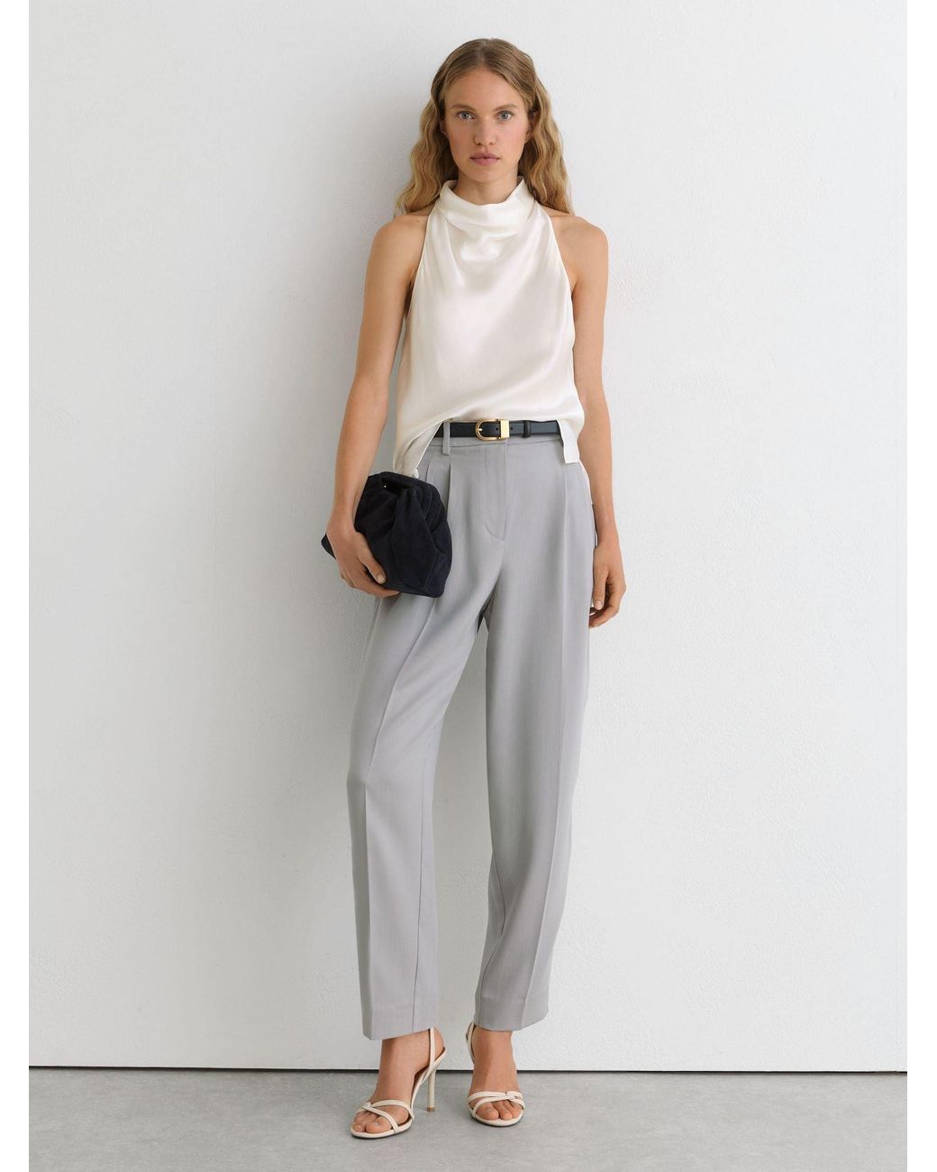 Reiss White Hammered-Silk Cowl-Neck Top