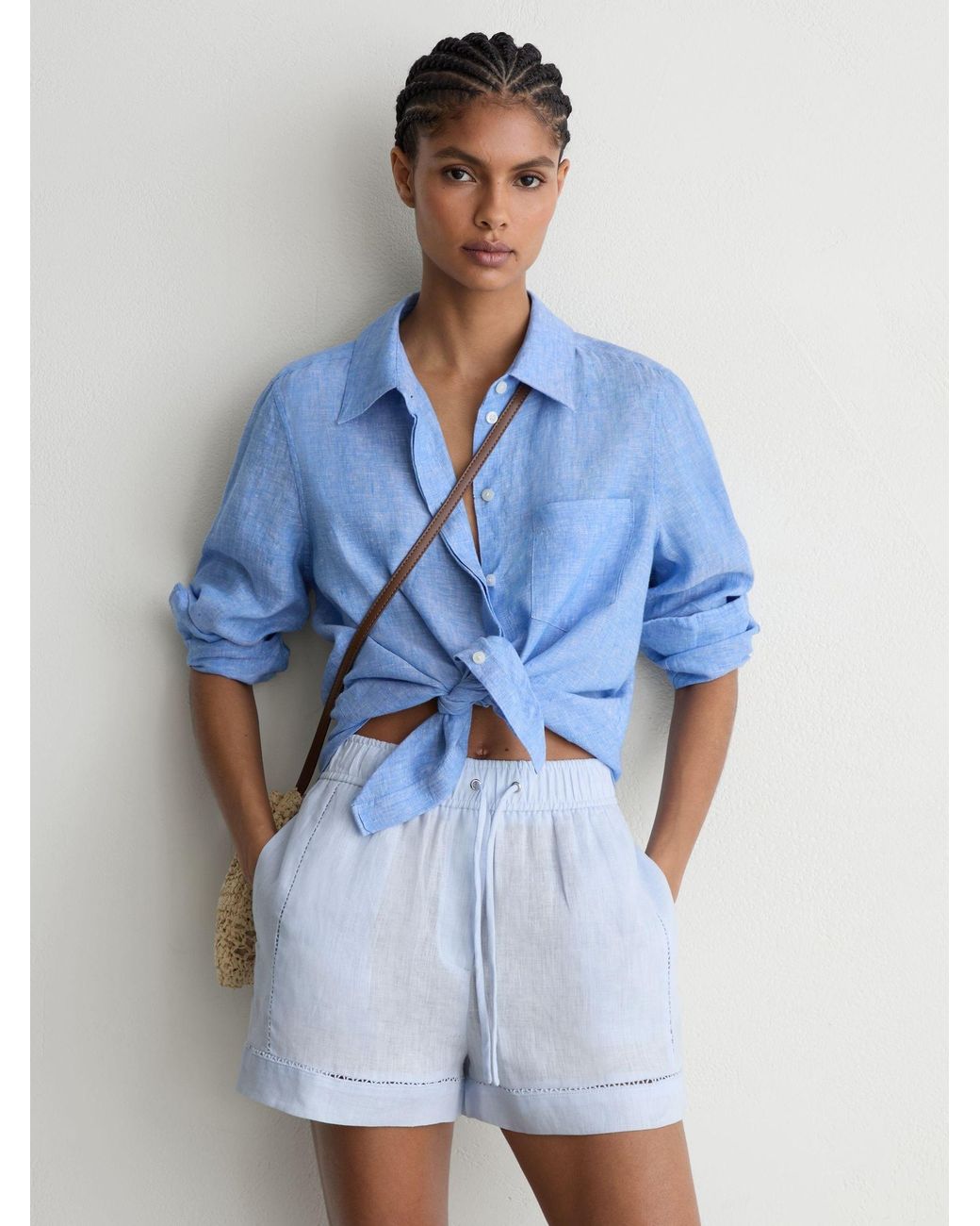 Reiss Blue Linen Ladder-Embroidery Shorts