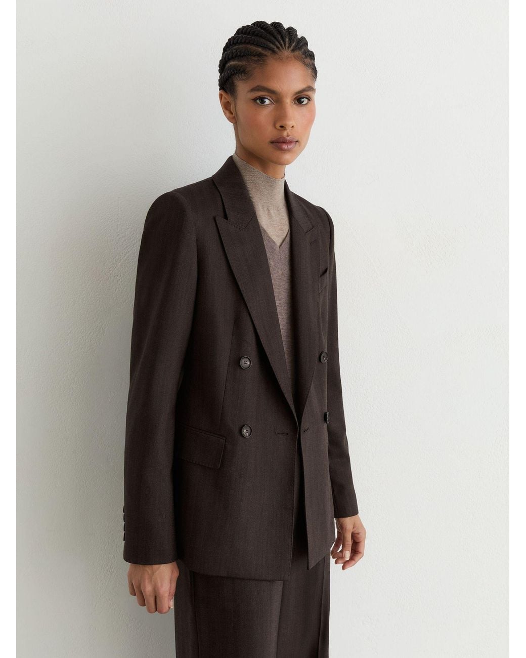 Reiss White Dawson Chocolate Petite Wool-Blend Herringbone Double-Breasted Blazer, Dark