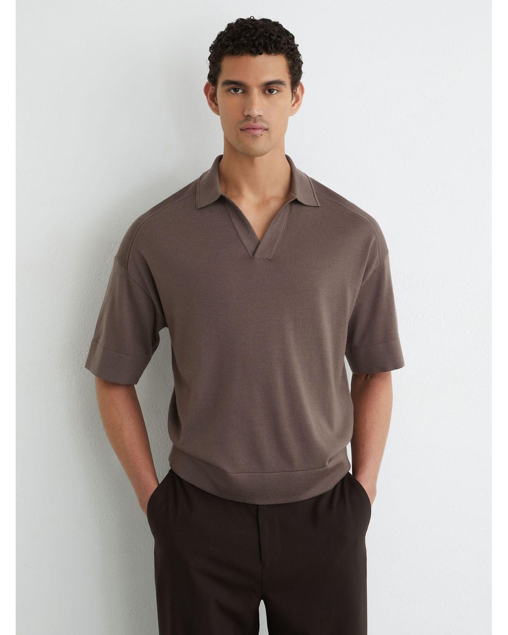 Reiss Brown Merino Wool Relaxed Polo Jumper for men