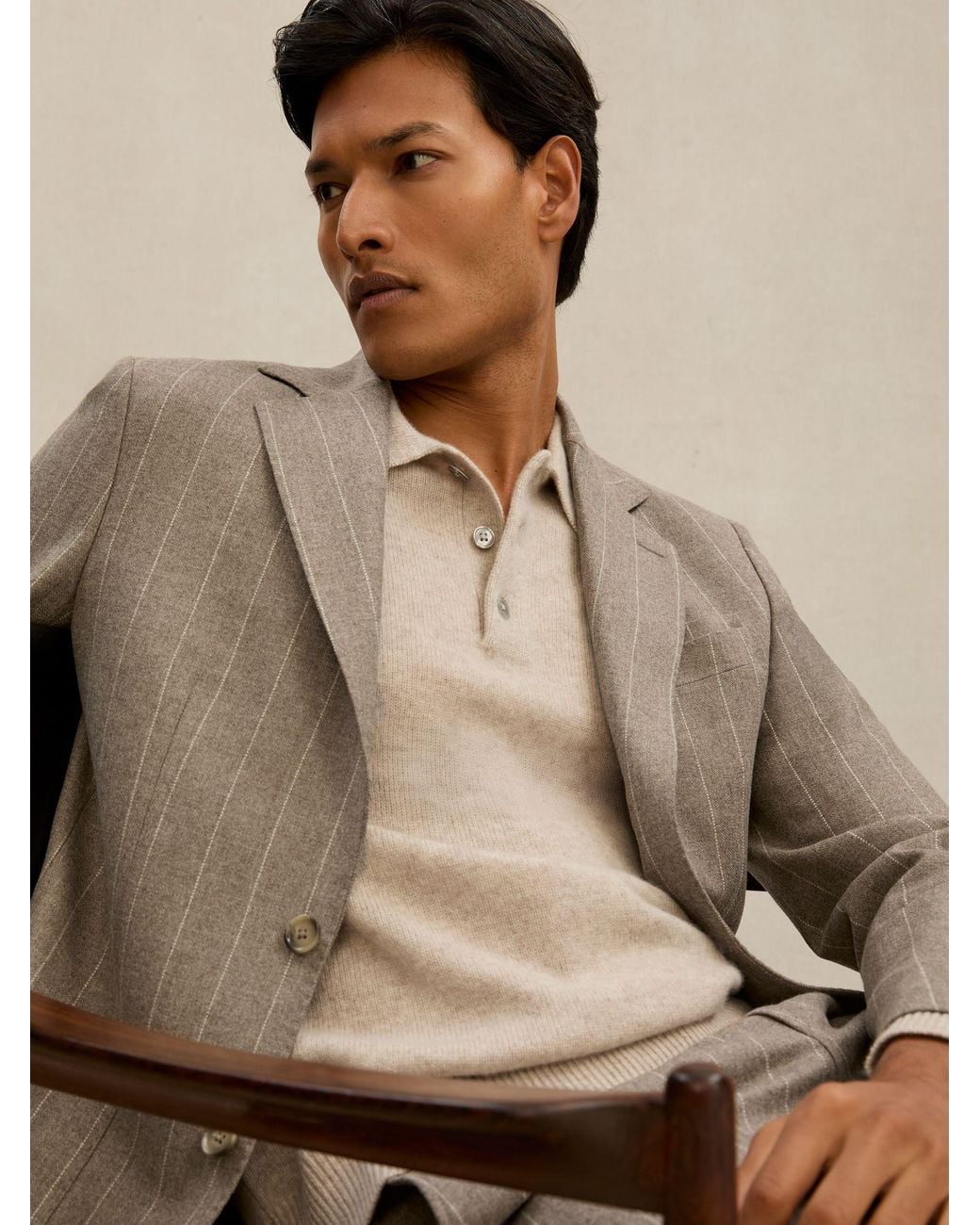 ATELIER Natural Mocha Montepuliciano Wool Single-Breasted Blazer Pinstripe Classic-Fit, Light & Cream for men