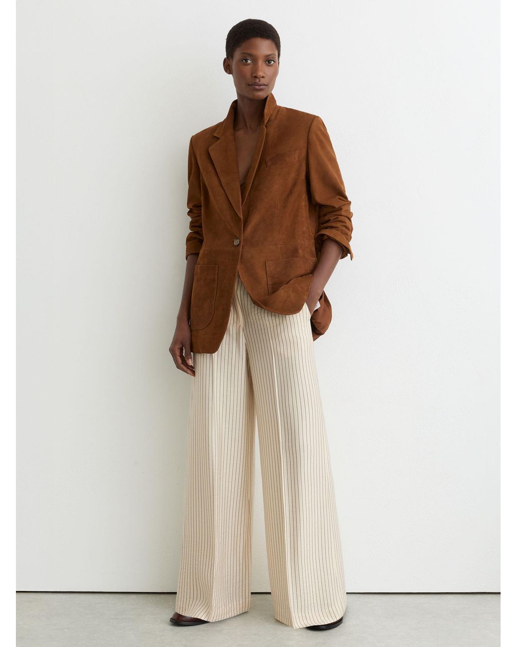Reiss Natural Cream & Pinstripe Wide-Leg Trousers