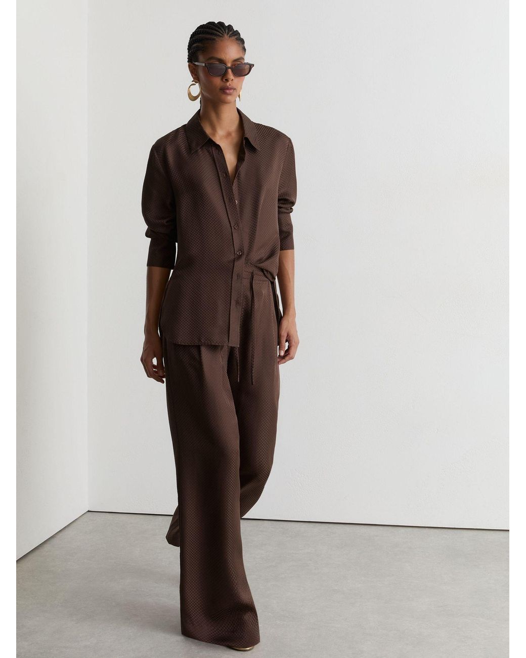Reiss Aliana - Mocha Brown Silk Jacquard Wide-leg Trousers, Us 4 Regular