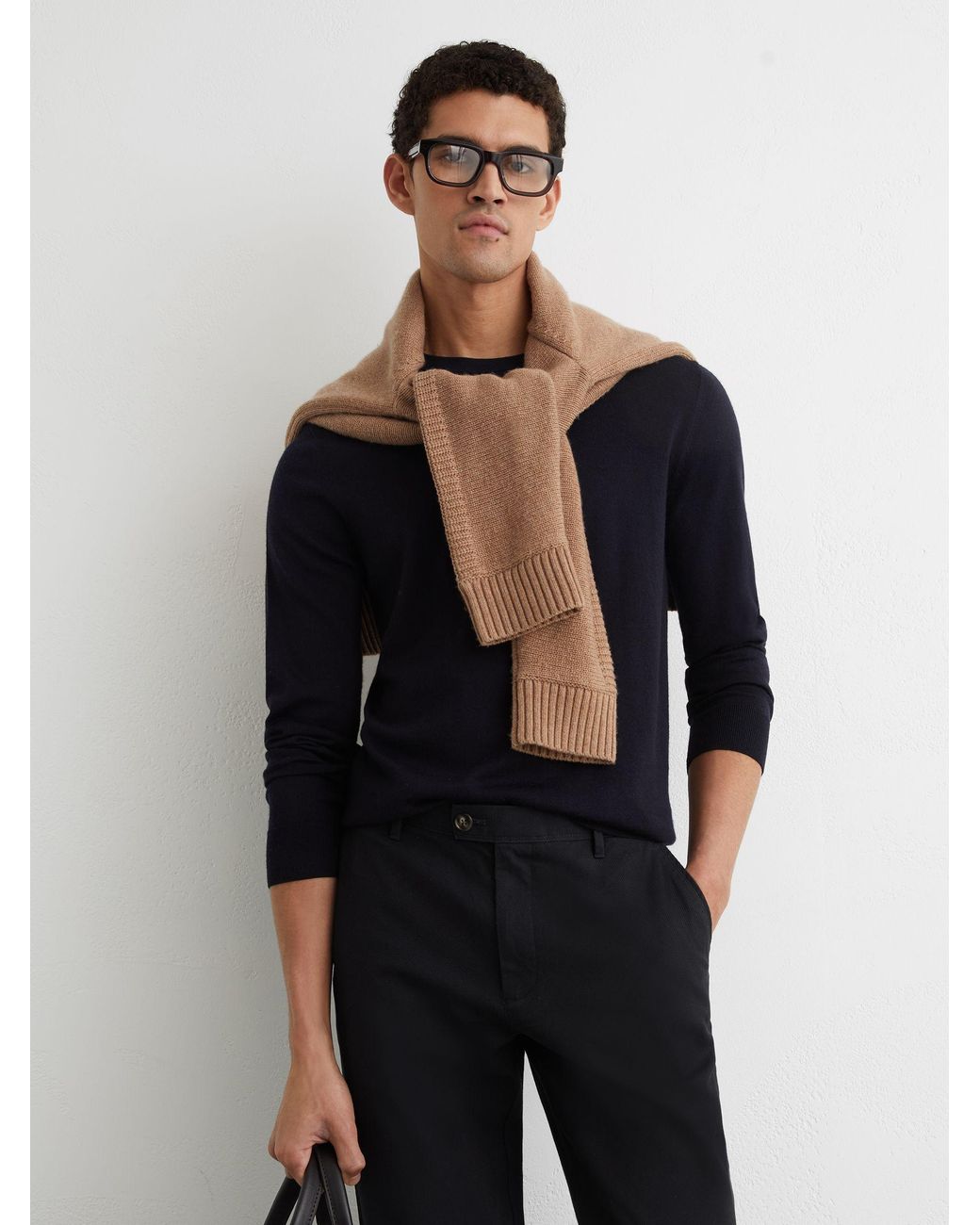 Reiss Black Cotton Pique Chino Trousers for men