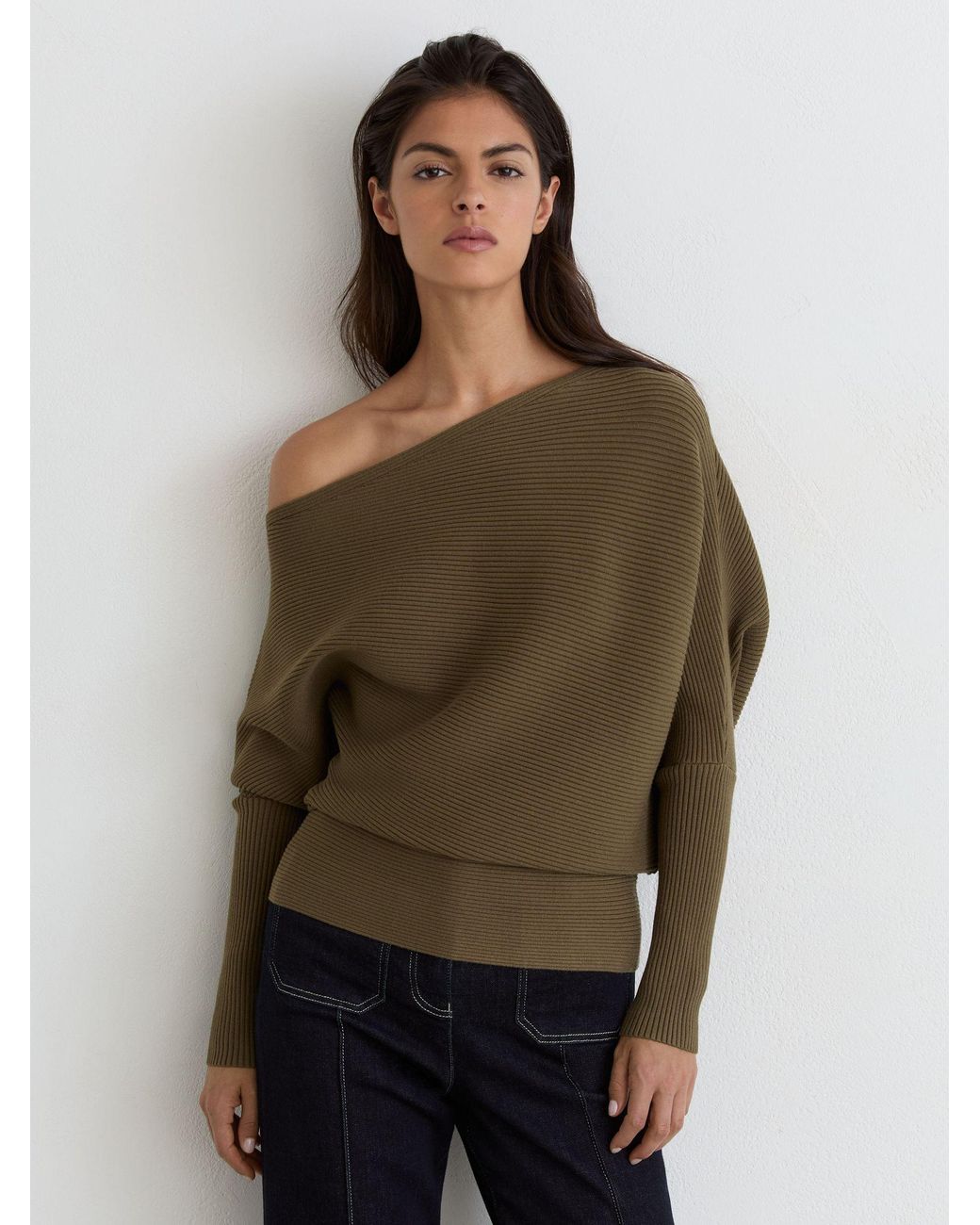 Reiss Brown Asymmetric Draped Knitted Jumper