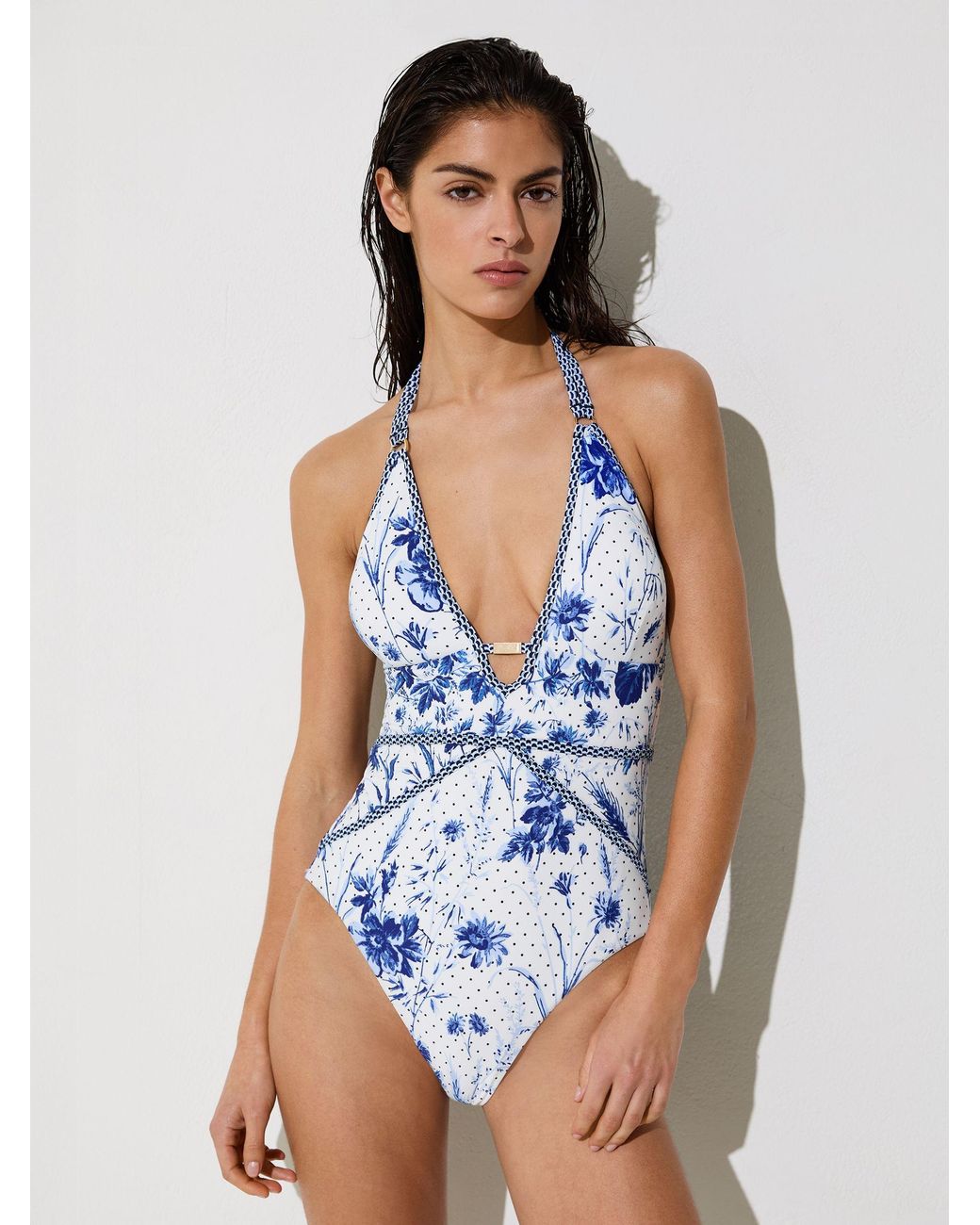 Reiss Blue Floral-Print Plunge Halterneck Swimsuit