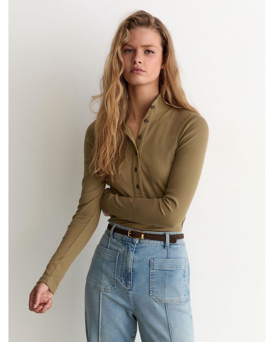 Reiss Blue Ida - Khaki Green Cotton-stretch Funnel-neck Top, Xl (us 16-18)