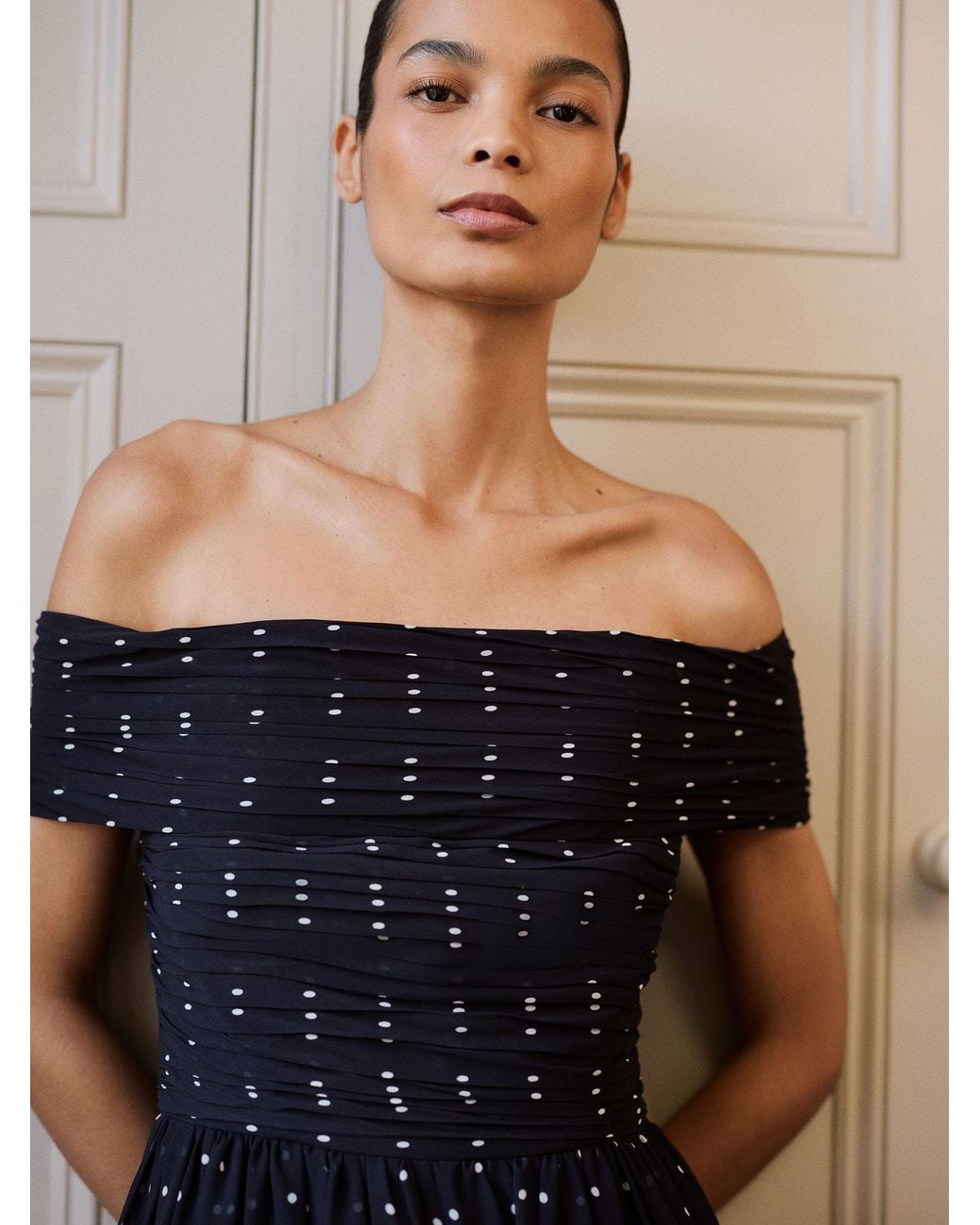 Reiss Blue Polka-Dot Bardot Wide-Leg Jumpsuit