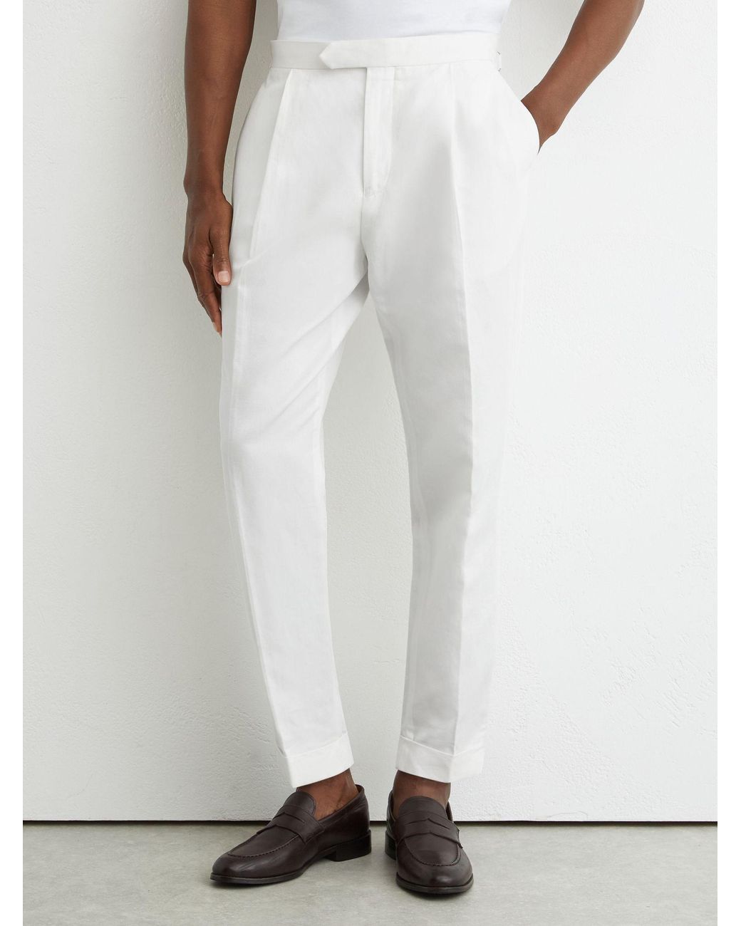 Reiss White Linen-Blend Side-Adjuster Tapered Trousers for men