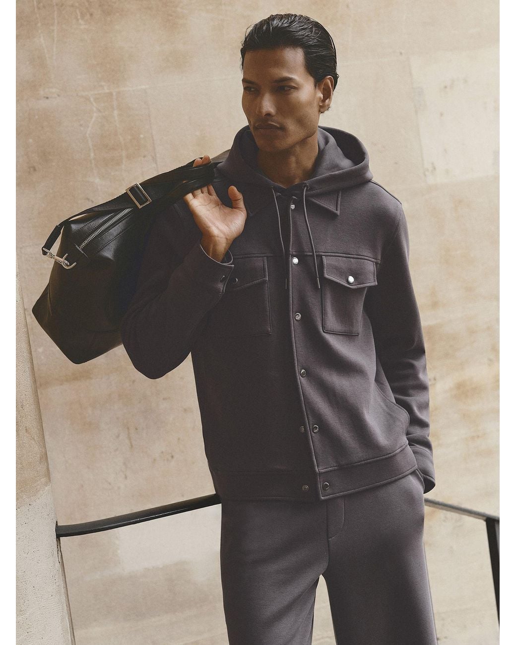 Reiss Gray Sueded Interlock Jersey Twin-Pocket Overshirt for men