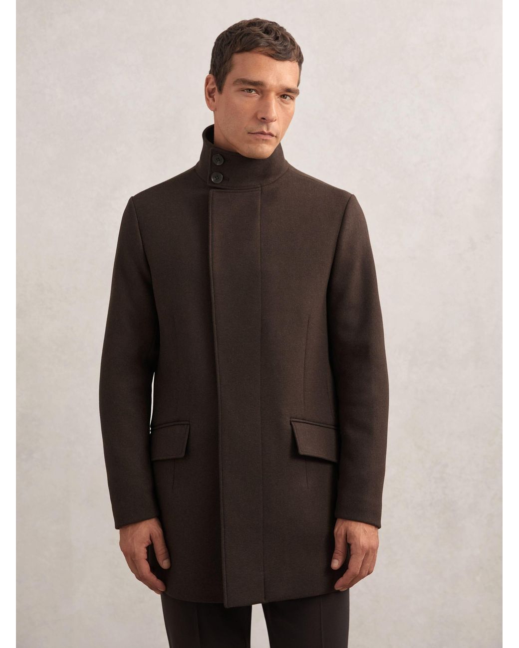 Reiss Brown Wool-Blend Stand-Collar Coat for men