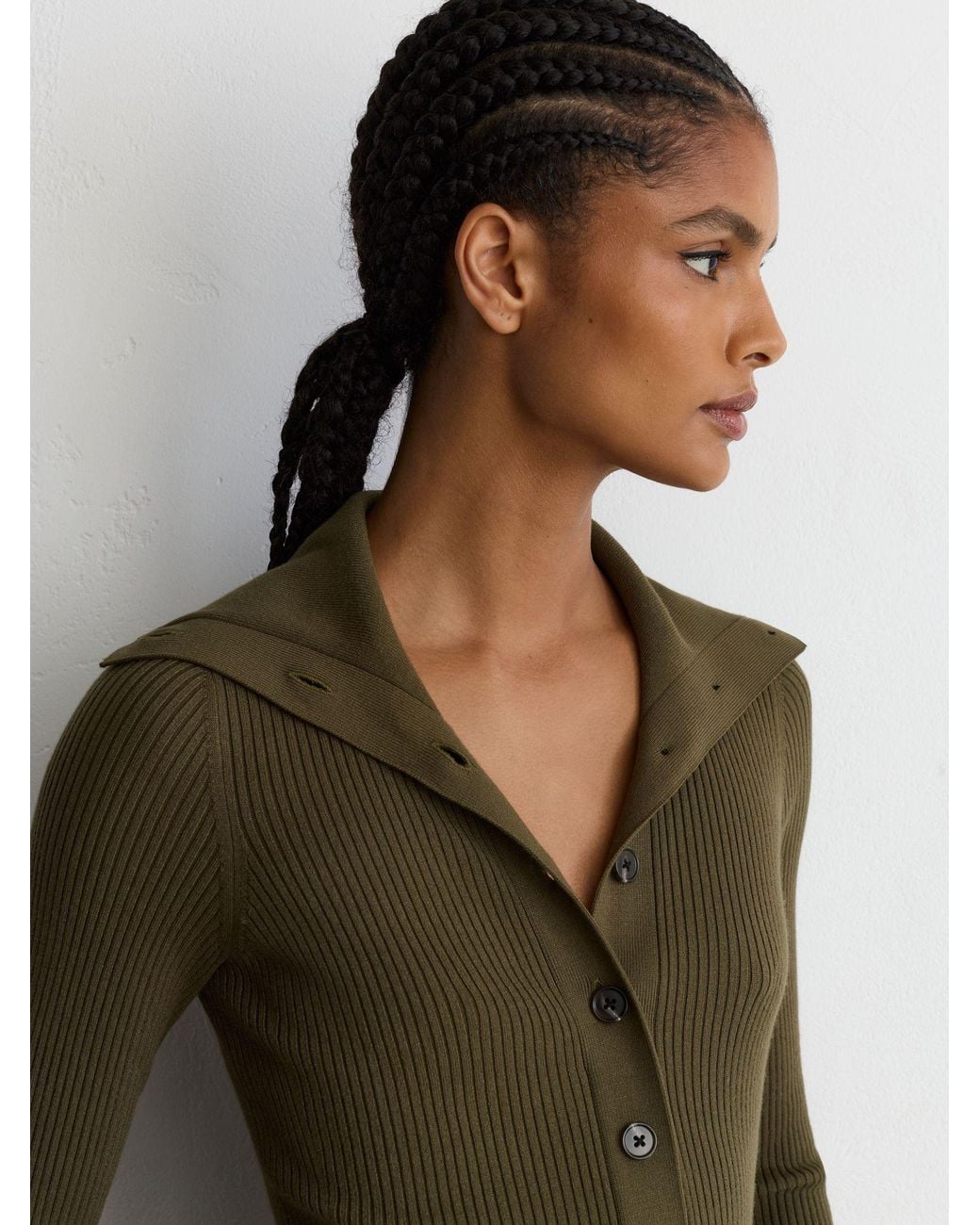 Reiss Green Rib-Knit Pleated Half-Button Mini Dress