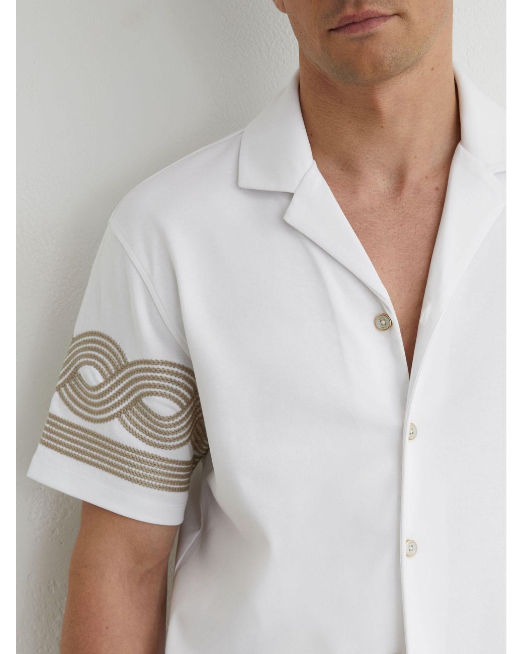 Reiss White Cotton-Blend Embroidered Cuban-Collar Shirt for men