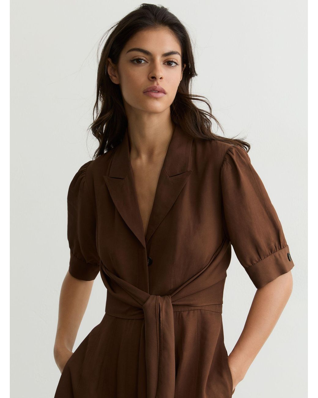 Reiss Brown Short-Sleeve Belted Midi Dress With Linen